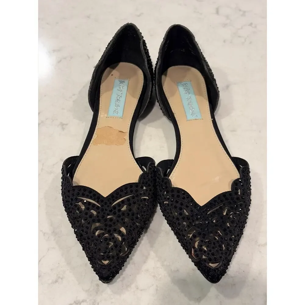 Betsey Johnson Women’s Lucy Beaded Fancy Laser-Cut D'Orsay Flats Size 7 Black